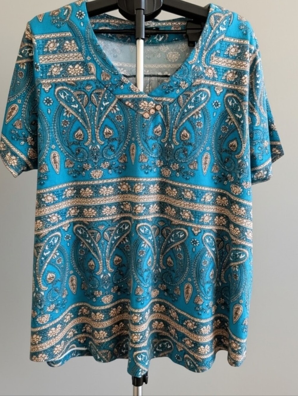 Women's Teal Paisley V-Neck Top - Casual Short Sleeve 3x